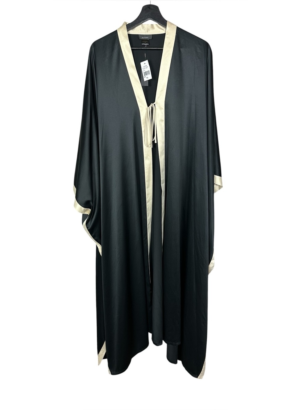 Natori Black Satin Open Front Kimono Robe Size XL Black Tie Front Flowy Elegant